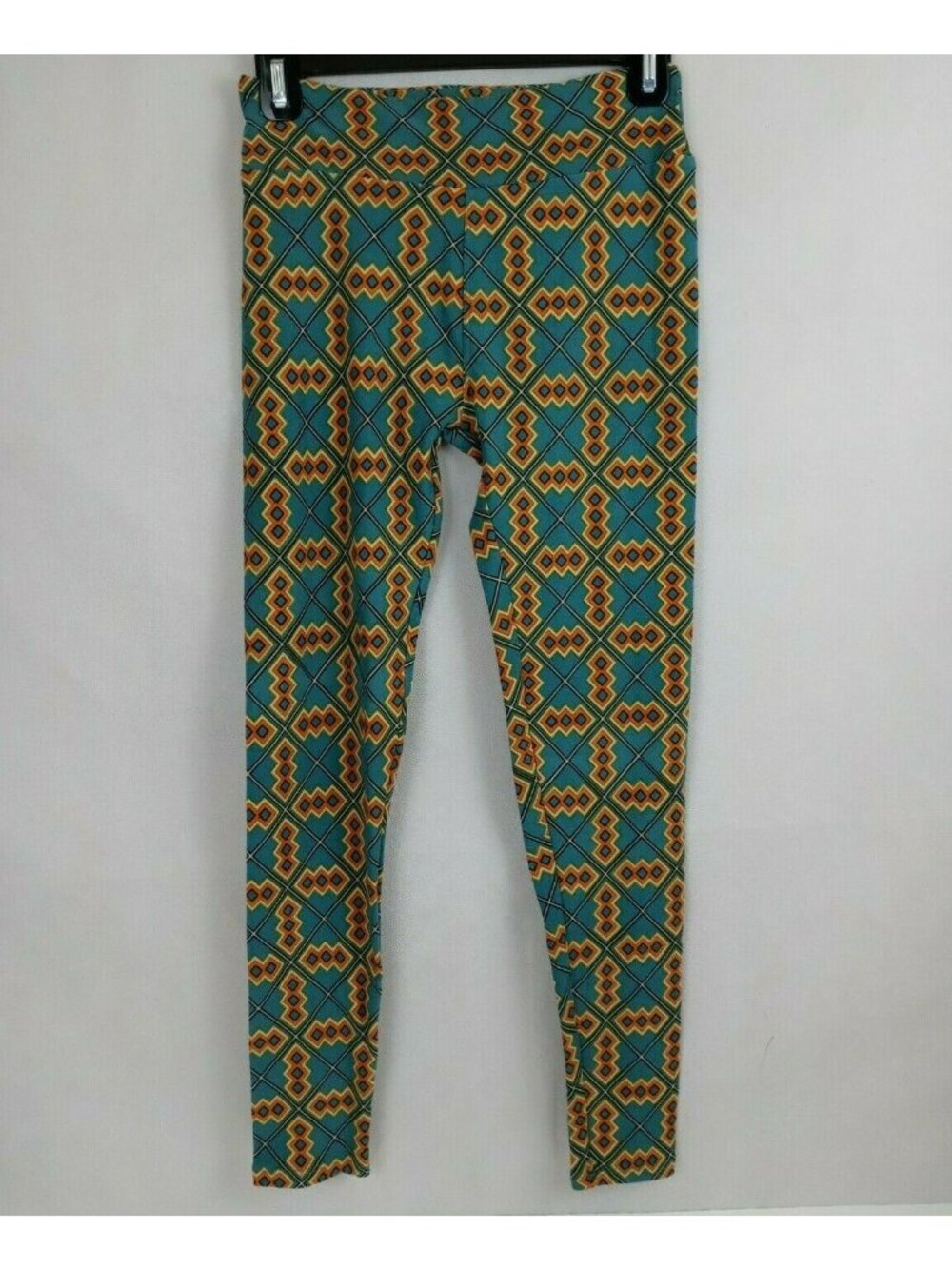New LuLaRoe One Size Leggings Blue & Orange With Diamonds Design